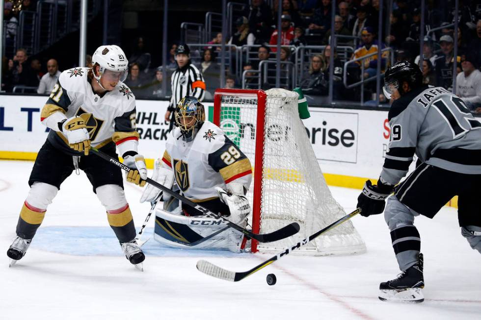 Vegas Golden Knights goalie Marc-Andre Fleury (29) watches as Vegas Golden Knights forward Cody ...