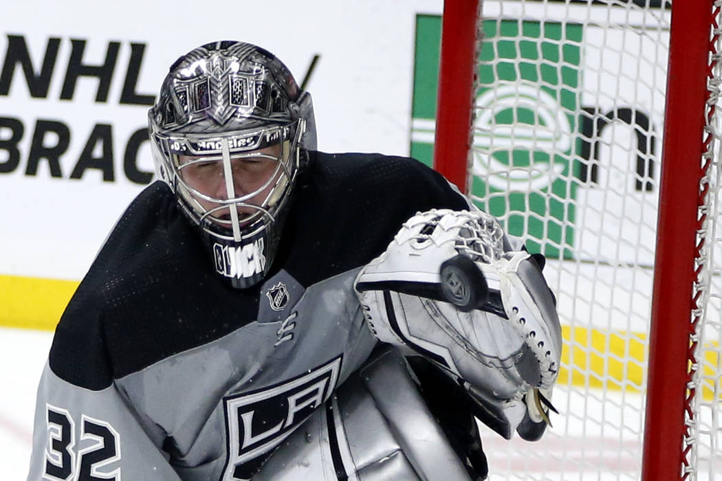 Los Angeles Kings goalie Jonathan Quick makes a save against Vegas Golden Knights during the th ...