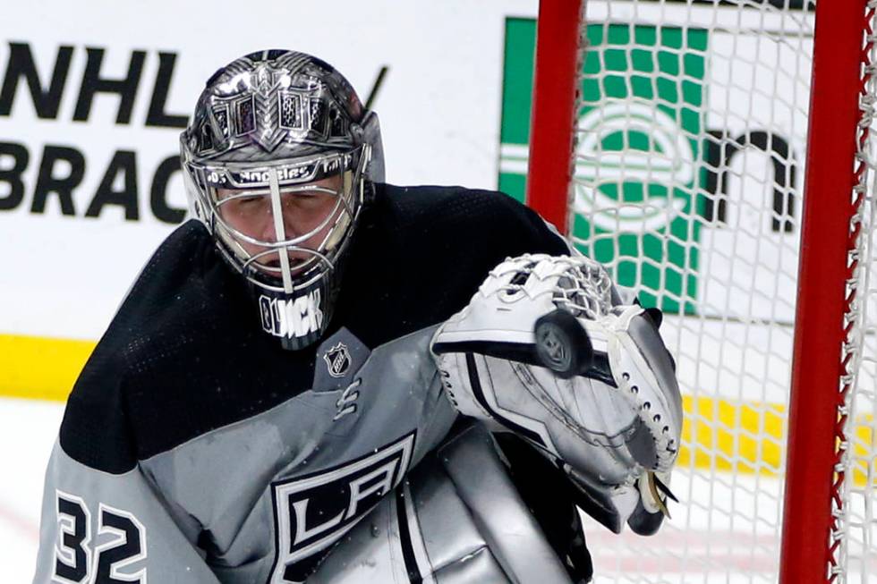 Los Angeles Kings goalie Jonathan Quick makes a save against Vegas Golden Knights during the th ...