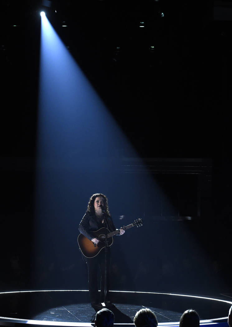 Ashley McBryde reacts after performing "Girl Goin' Nowhere" at the 54th annual Academ ...