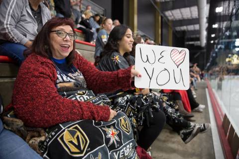 Golden Knights fan Kathleen Craner watches practice on Wednesday, Oct. 3, 2018, at City Nationa ...