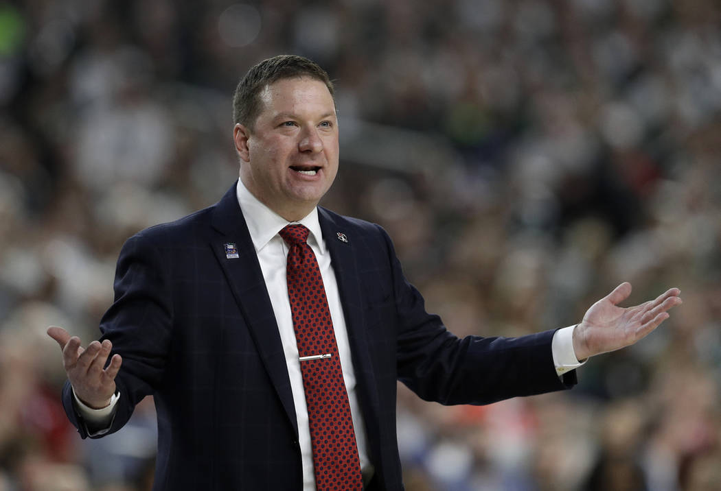 Texas Tech head coach Chris Beard questions a call during the first half against Michigan State ...