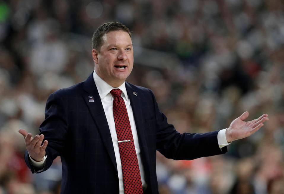 Texas Tech head coach Chris Beard questions a call during the first half against Michigan State ...