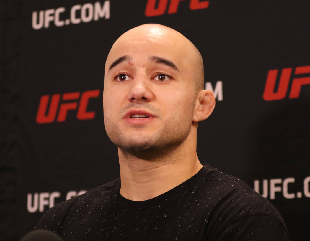 UFC title contender Marlon Moraes addresses the media at the UFC Performance Institute in Las V ...