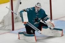 San Jose Sharks goaltender Martin Jones defends on a Colorado Avalanche shot during the third p ...