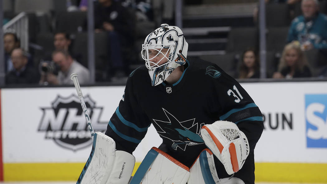 San Jose Sharks goaltender Martin Jones (31) against the Chicago Blackhawks during an NHL hocke ...