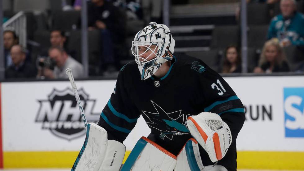 San Jose Sharks goaltender Martin Jones (31) against the Chicago Blackhawks during an NHL hocke ...