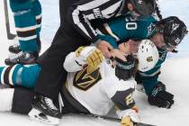 Golden Knights center Cody Eakin (21) gets in a fight with San Jose Sharks left wing Marcus Sor ...