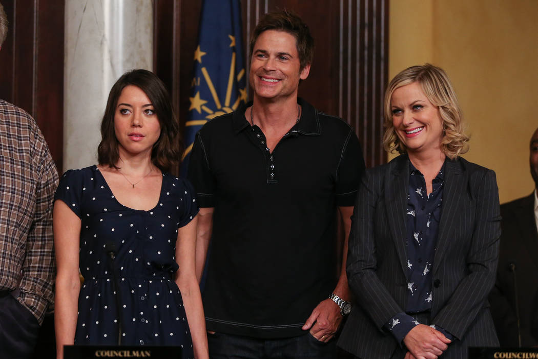 Actors Aubrey Plaza, Rob Lowe, and Amy Poehler attend the "Parks And Recreation" 100th episode ...