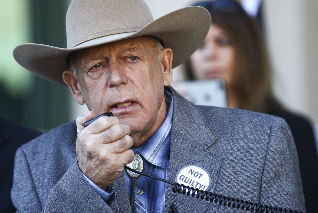 Rancher Cliven Bundy address supporters and journalists at Metropolitan Police Department headq ...