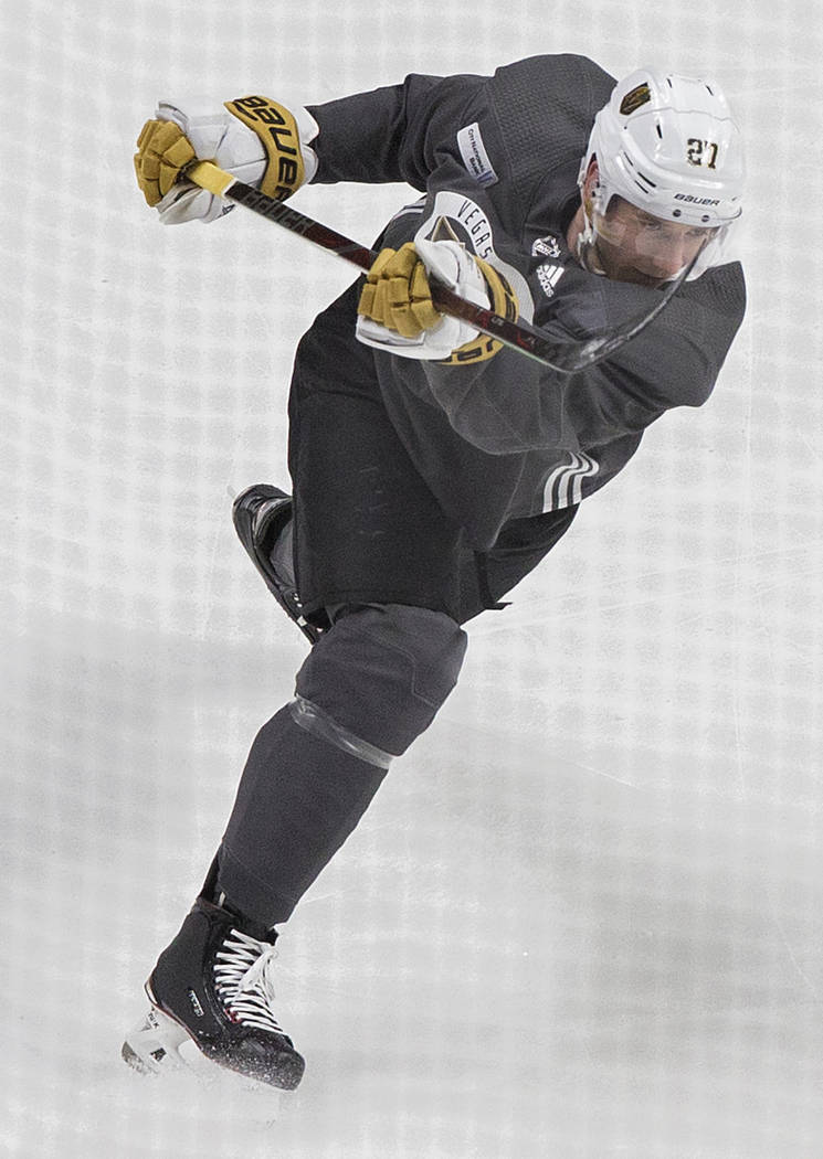 Golden Knights defenseman Shea Theodore (27) shoots on goal during morning skate ahead of game ...