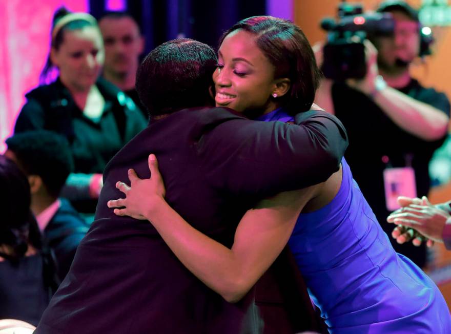 Notre Dame's Jackie Young hugs a relative after being selected by the Las Vegas Aces as the num ...