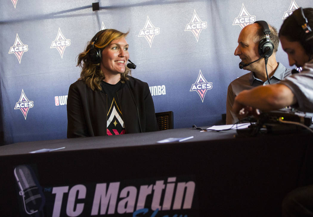 Las Vegas Aces player Carolyn Swords is interviewed by TC Martin during a watch party for the W ...