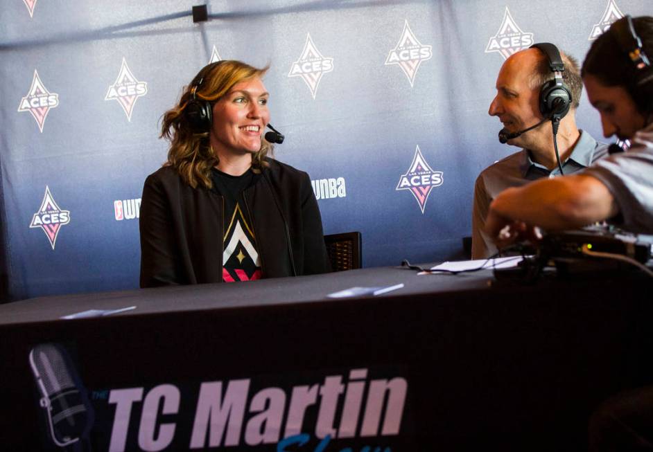 Las Vegas Aces player Carolyn Swords is interviewed by TC Martin during a watch party for the W ...