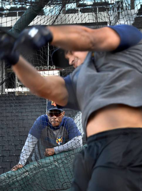 Retired Major League baseball player and now special coach Rickey Henderson watches Las Vegas A ...