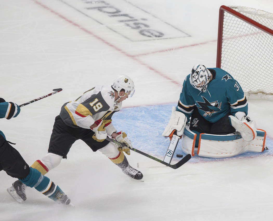 Golden Knights right wing Reilly Smith (19) shoots on San Jose Sharks goaltender Martin Jones ( ...