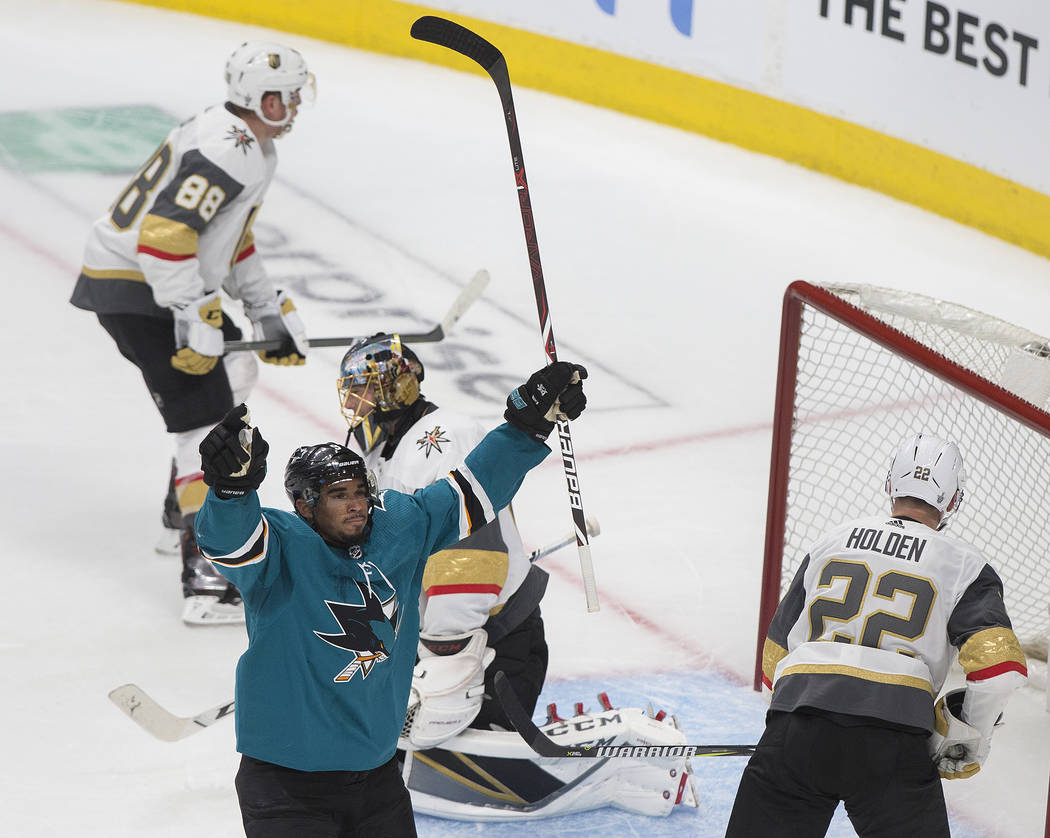 San Jose Sharks left wing Evander Kane (9) celebrates after scoring a goal in the second perio ...