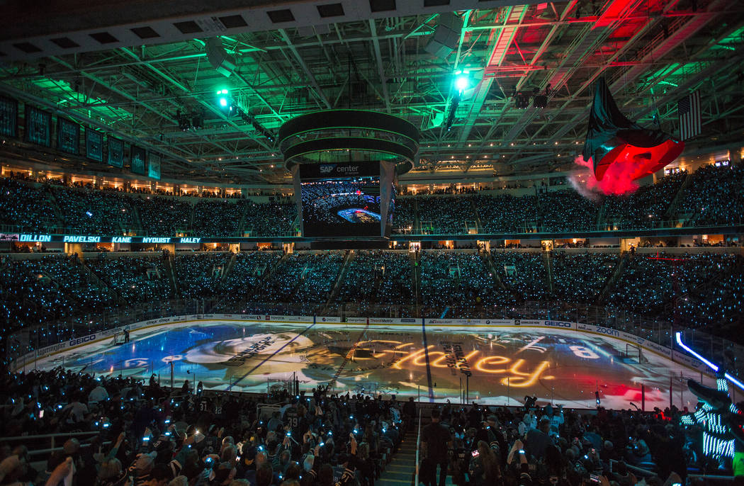 The SAP Center is packed for Game 1 of an NHL Western Conference quarterfinal series between th ...