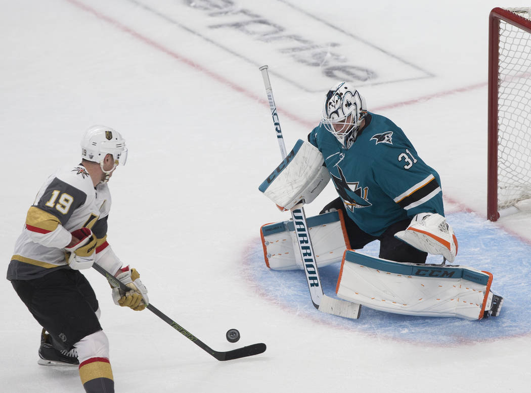 San Jose Sharks goaltender Martin Jones (31) makes a save against Golden Knights right wing Rei ...