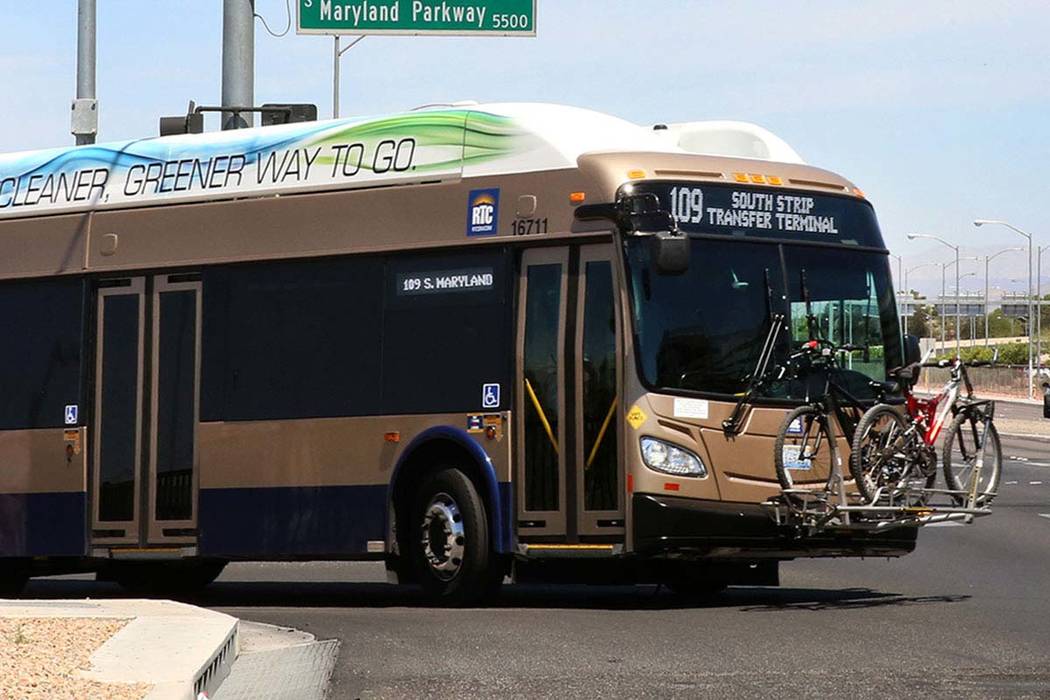 A RTC bus at the intersection of S. Maryland Parkway and Russel Road near McCarran Airport on F ...