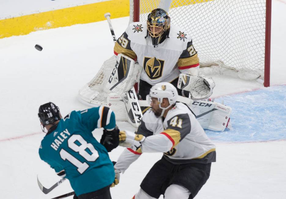 Golden Knights goaltender Marc-Andre Fleury (29) makes a save against San Jose Sharks center Mi ...