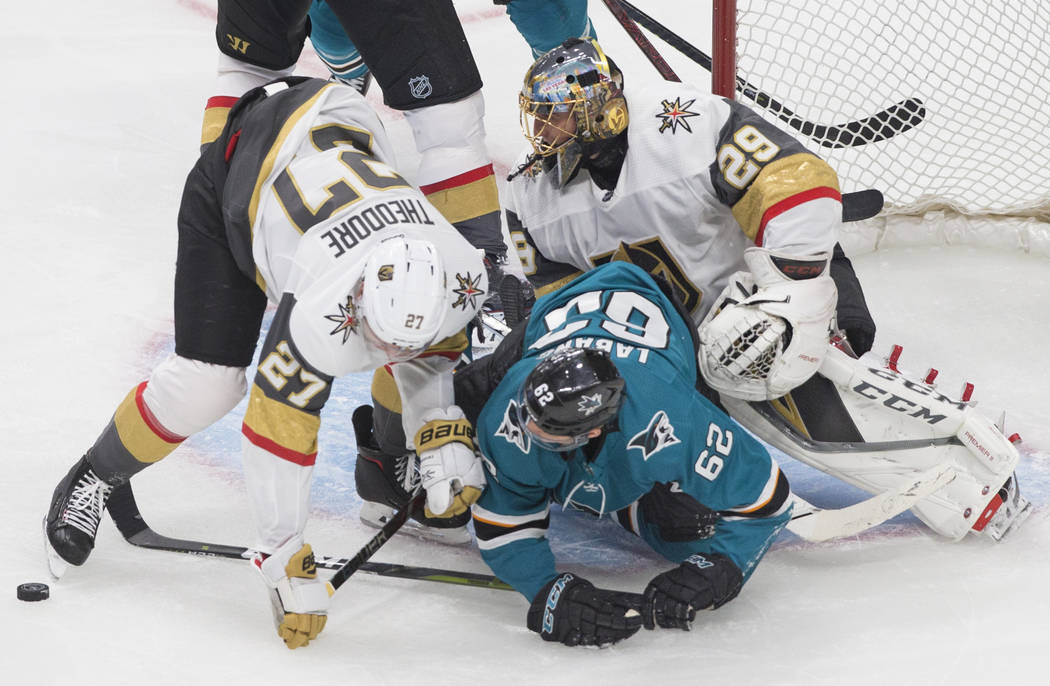 Golden Knights goaltender Marc-Andre Fleury (29) makes a save against San Jose Sharks right win ...