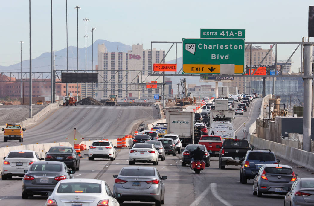 Traffic backs up in the northbound lanes of Interstate 15, near Charleston Boulevard Exit in La ...