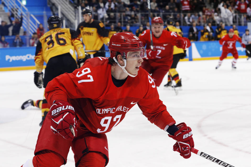 Russian athlete Nikita Gusev (97) reacts after scoring a goal during the third period of the me ...