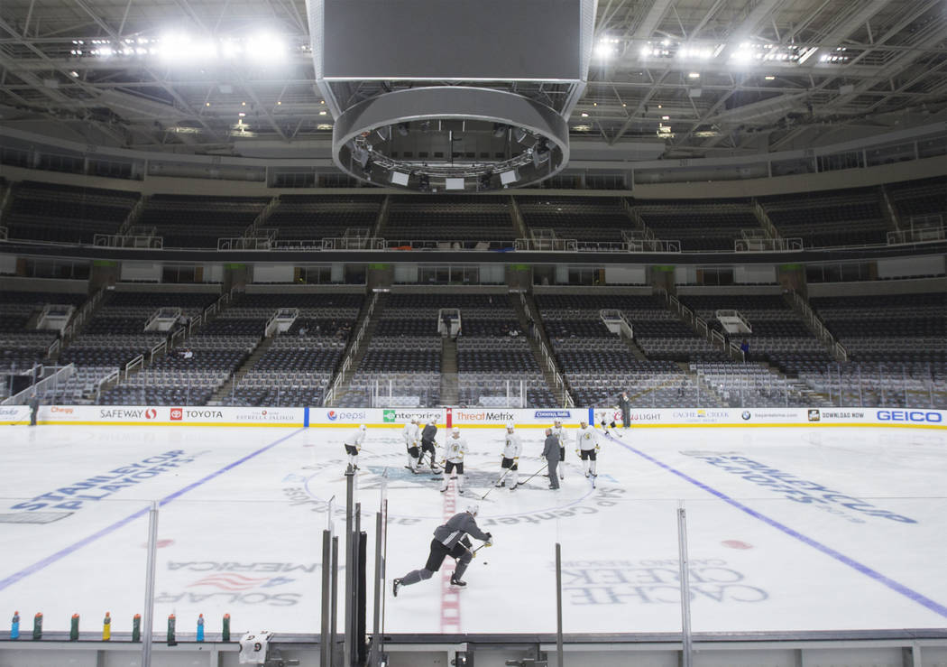 The Golden Knights work through drills during practice on Thursday, April 11, 2019, at SAP Cent ...