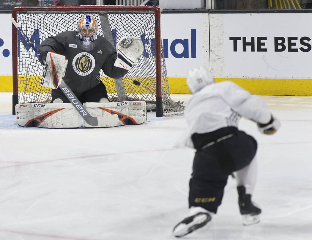 The Golden Knights work through drills during practice on Thursday, April 11, 2019, at SAP Cent ...