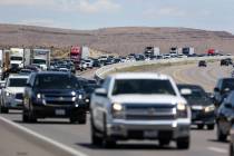 Heavy traffic moves along southbound Interstate 15 near Jean on Monday, May 28, 2018. (Las Vega ...