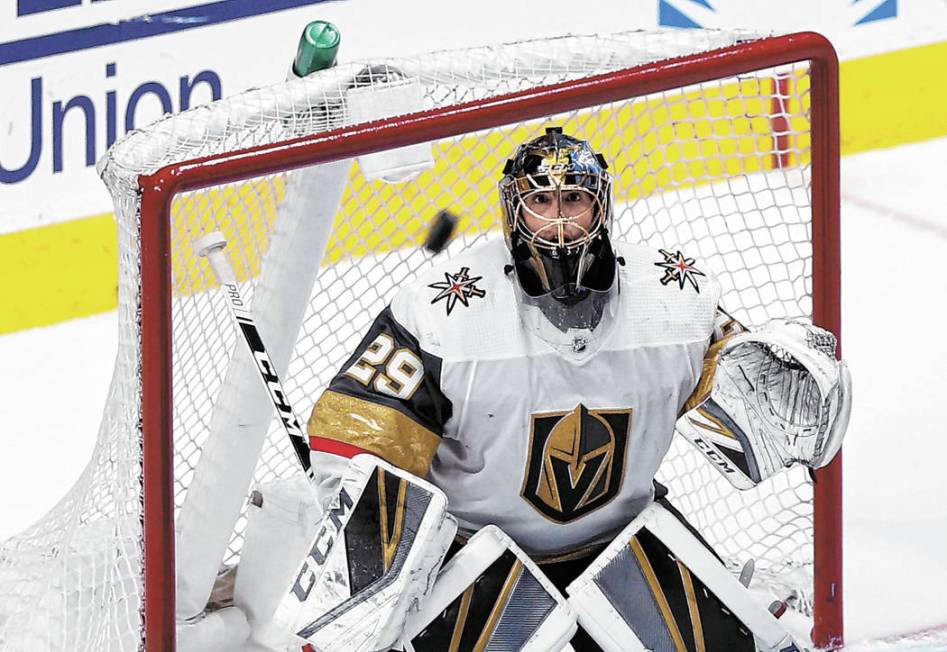 Golden Knights goaltender Marc-Andre Fleury (29) makes a save in the third period during game t ...