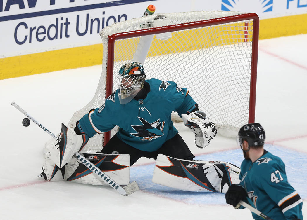 San Jose Sharks goaltender Aaron Dell (30) makes a save in the second period during Game 2 of a ...