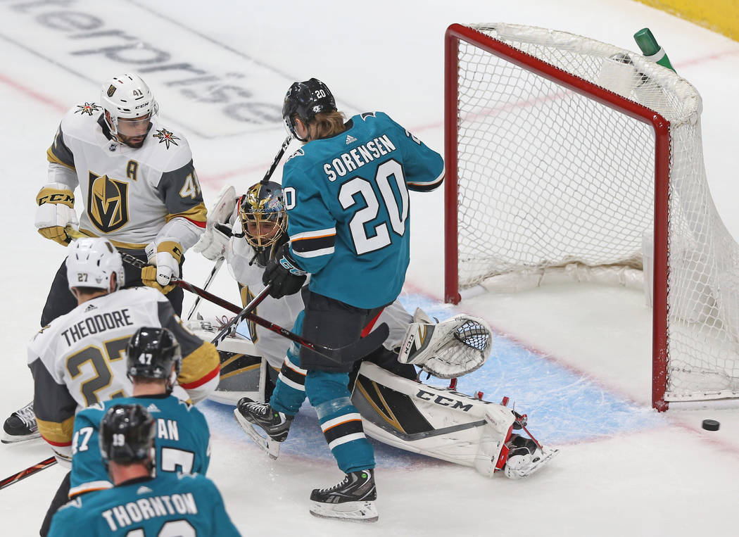 Golden Knights goaltender Marc-Andre Fleury (29) makes a save against San Jose Sharks left wing ...