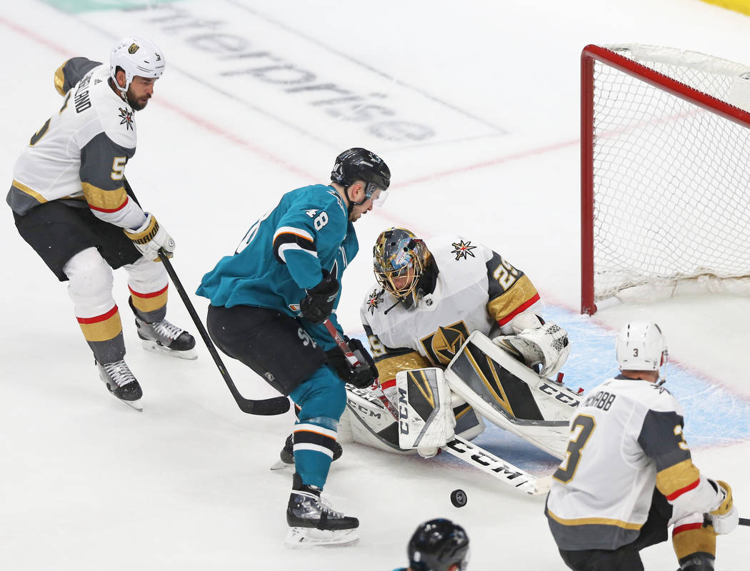 Golden Knights goaltender Marc-Andre Fleury (29) makes a save against San Jose Sharks center Jo ...