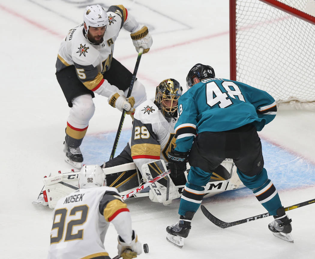 Golden Knights goaltender Marc-Andre Fleury (29) makes a save against San Jose Sharks center To ...