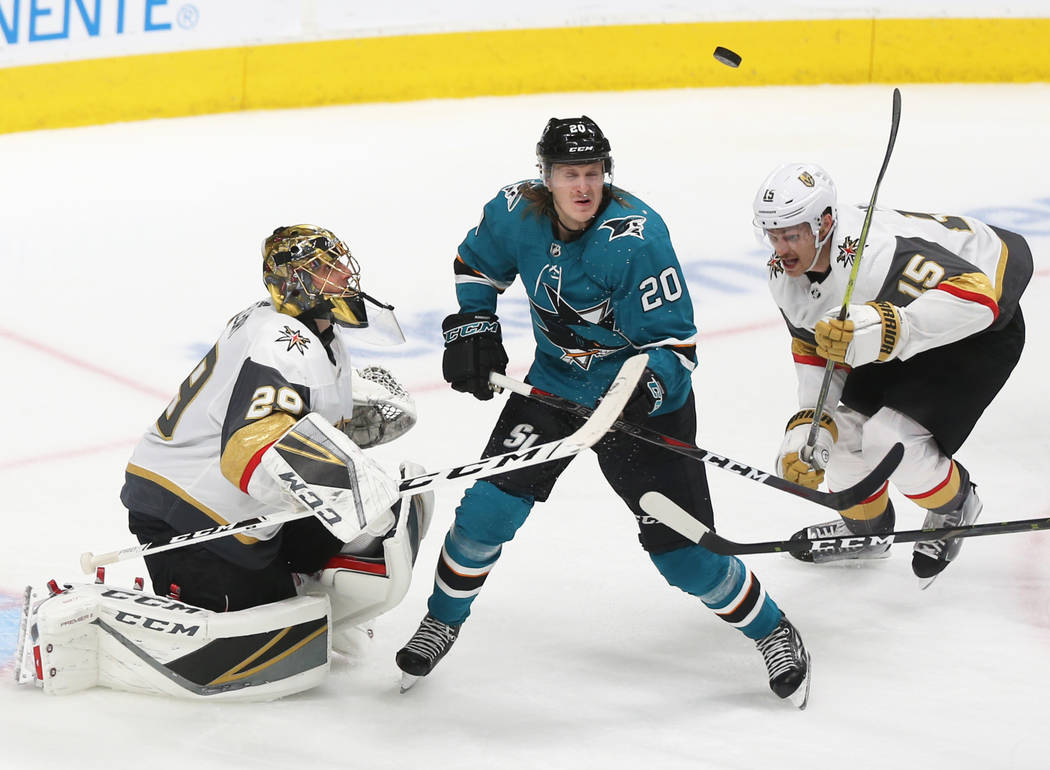 Golden Knights goaltender Marc-Andre Fleury (29) makes a save against San Jose Sharks left wing ...