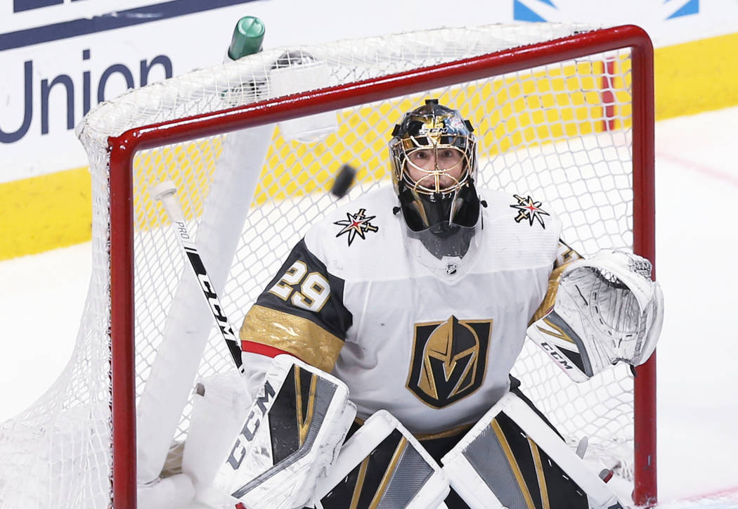 Golden Knights goaltender Marc-Andre Fleury (29) makes a save in the third period during Game 2 ...