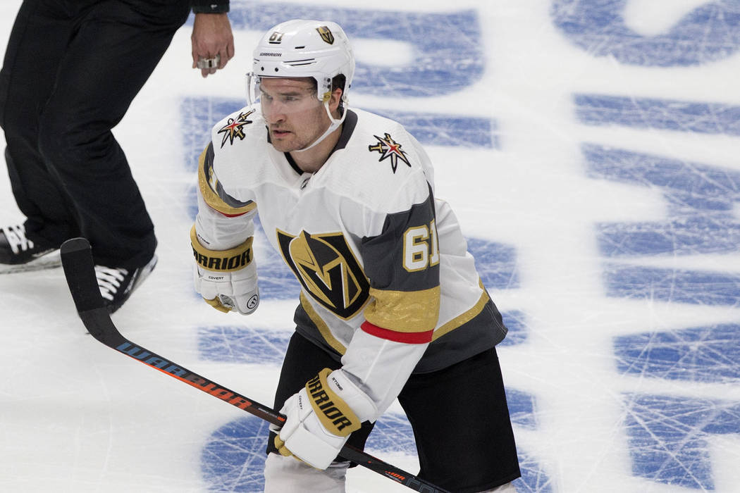Golden Knights right wing Mark Stone (61) skates towards the bench after scoring a third-period ...