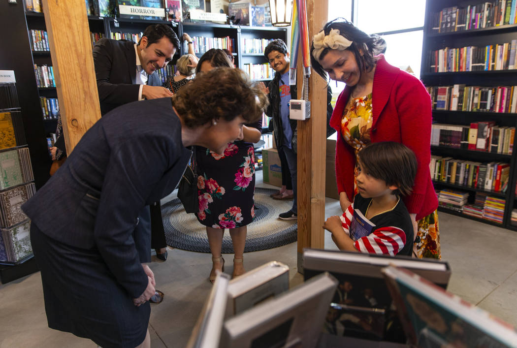 Sen. Jacky Rosen, D-Nev., chats with young reader Silas McKinney, 5, and his mother Elizabeth C ...