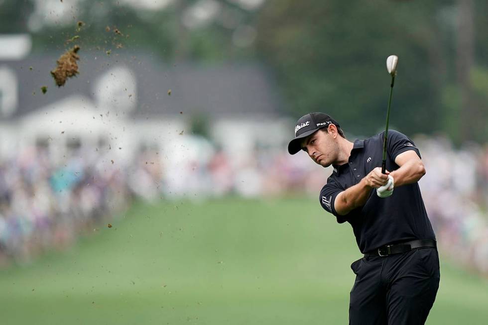 Patrick Cantlay hits on the first hole during the final round for the Masters golf tournament, ...