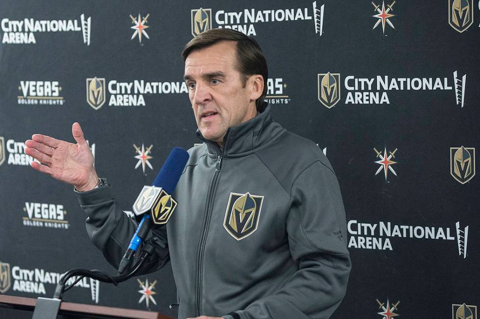 Golden Knights general manager George McPhee takes questions during a press conference after pr ...