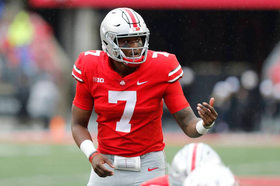 In this Sept. 8, 2018 photo Ohio State quarterback Dwayne Haskins plays against Rutgers during ...