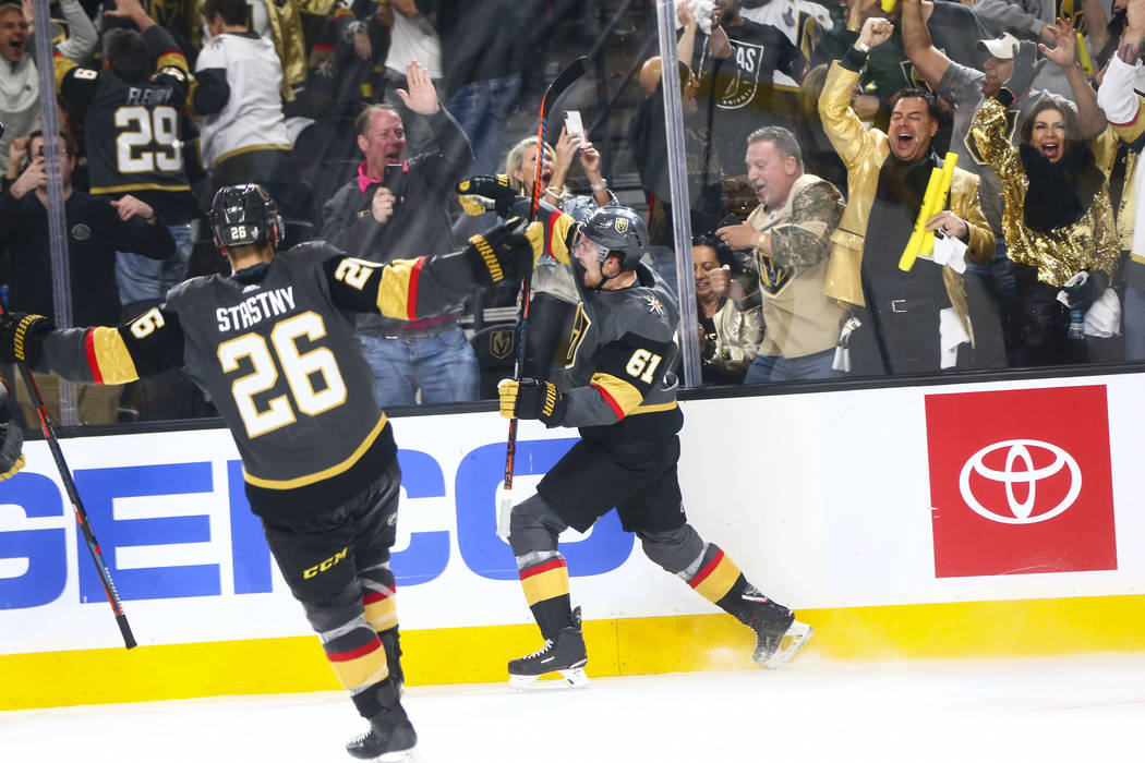 Golden Knights right wing Mark Stone (61) celebrates his hat trick against the San Jose Sharks ...