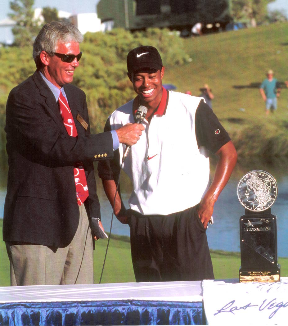 Las Vegas author and avid golfer Jack Sheehan interviews Tiger Woods after Woods' first pro cha ...