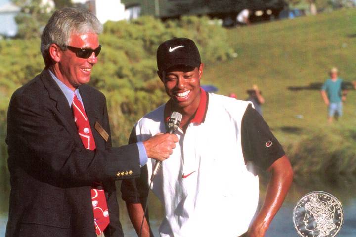 Las Vegas author and avid golfer Jack Sheehan interviews Tiger Woods after Woods' first pro cha ...