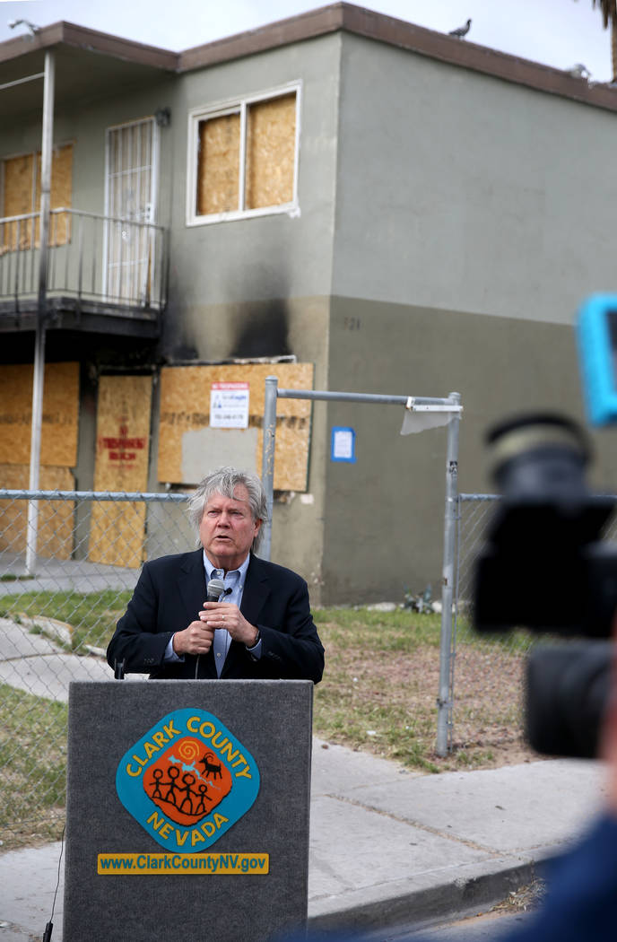 Clark County Commissioner Tick Segerblom holds a news conference Monday, April 15, 2019, on Cal ...