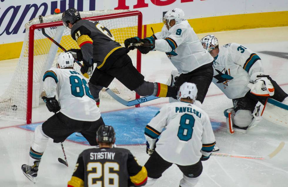 Golden Knights right wing Mark Stone (61) scores his second goal of the night past San Jose Sha ...
