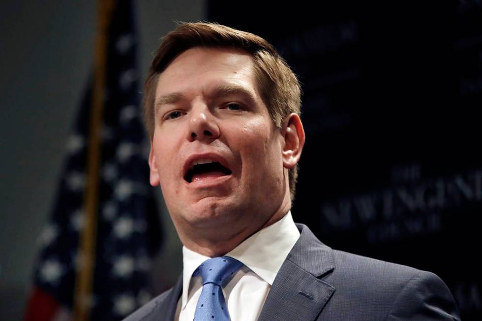 FILE - In this Feb. 25, 2019, file photo, Rep. Eric Swalwell, D-Calif., speaks at a Politics &a ...