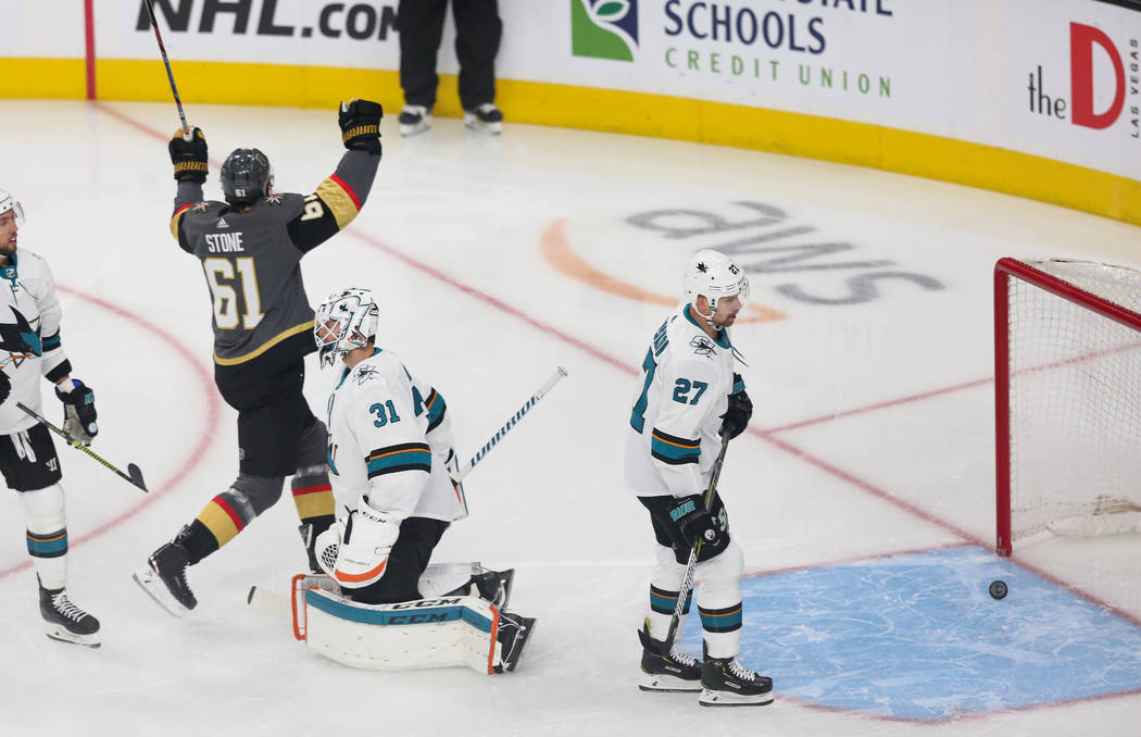 Vegas Golden Knights right wing Mark Stone (61) cheers after Vegas Golden Knights defenseman Sh ...